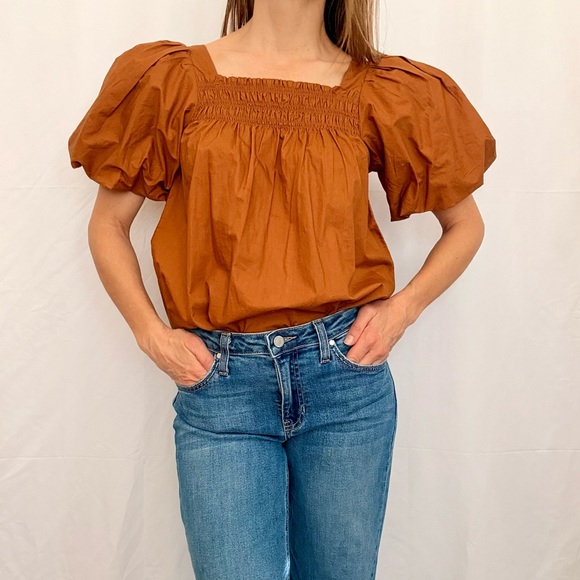 Buy Anthropologie Rust Orange Bronze Puff Sleeve Smocked Blouse